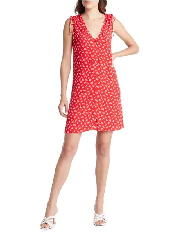 Women's Floral Printed Ruched Shoulder Dress,Red