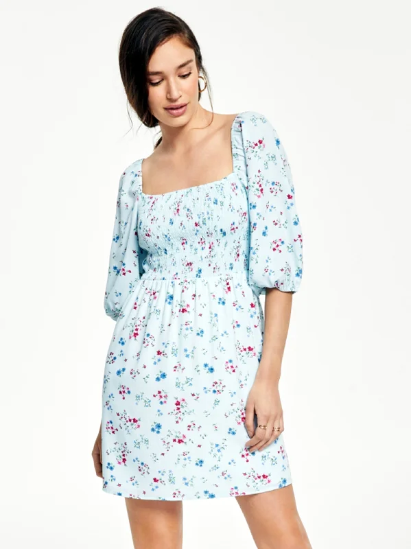 Women's Floral Printed Smocked Dress,Light Blue