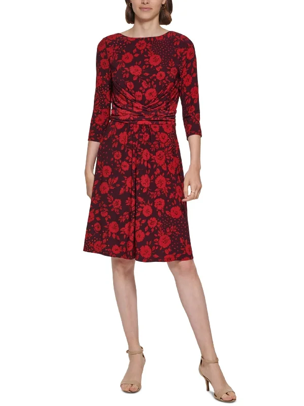 Women's Floral Printed Ruched Dress,Red