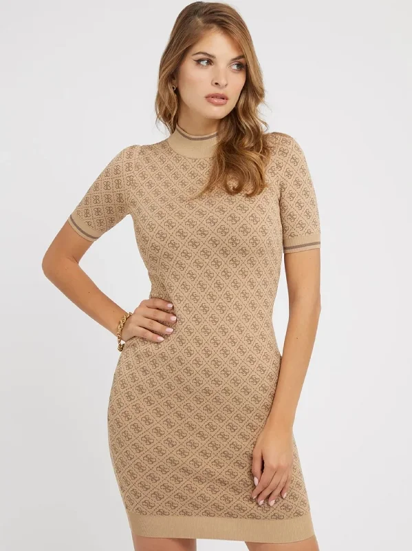 Women's Printed Sweater Dress,Beige