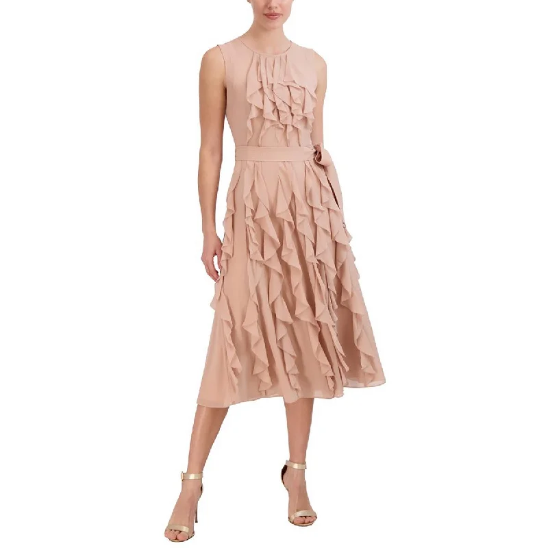 BCBGMAXAZRIA Womens Midi Cascade Ruffle Cocktail And Party Dress