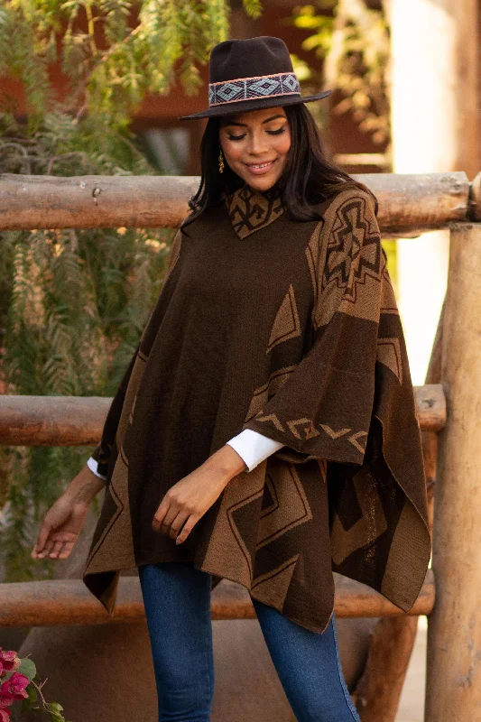 Inca Style Mahogany and Burnt Sienna Alpaca Blend Poncho from Peru