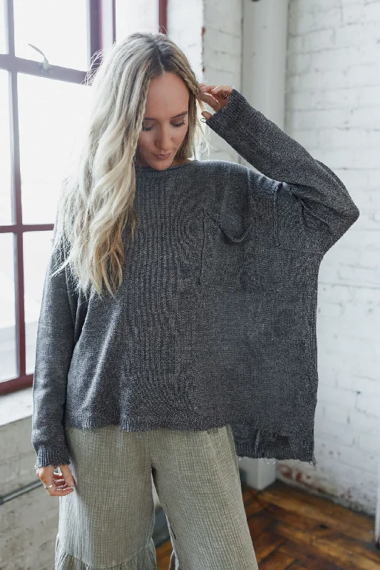 Monday Strolls Frayed Sweater - Charcoal