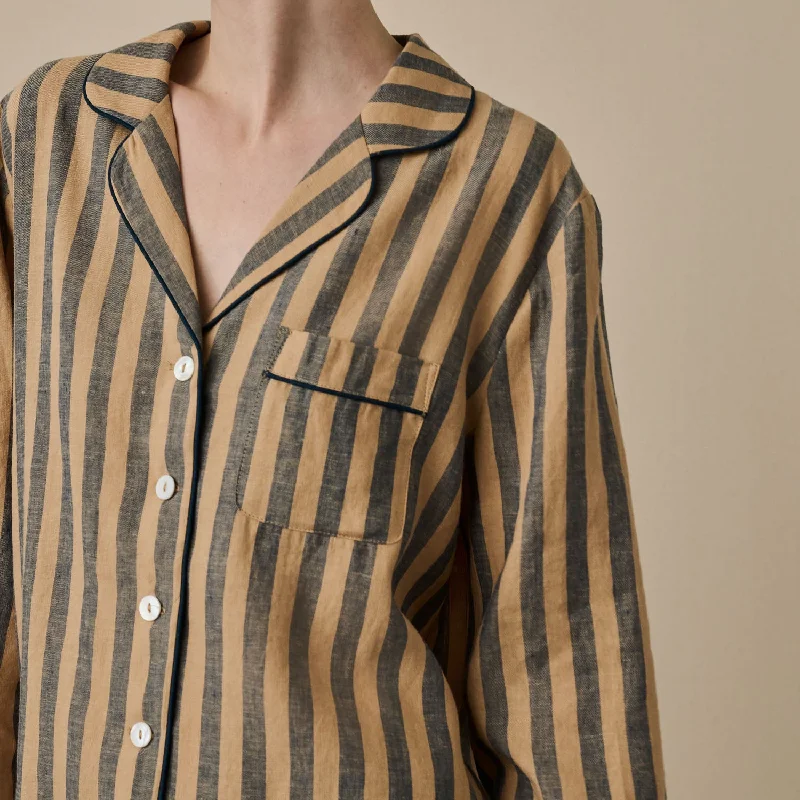 Blue & Porcini Striped Linen Pajama Shirt